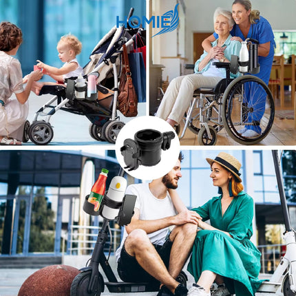 Universal 3-in-1 Multifunctional Stroller Cup Holders with Phone Holder/360° Rotate Adjustment