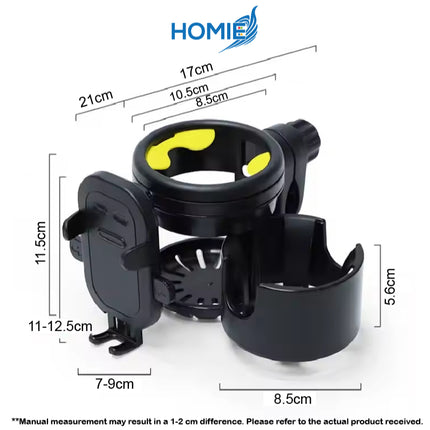 Universal 3-in-1 Multifunctional Stroller Cup Holders with Phone Holder/360° Rotate Adjustment