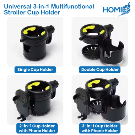 Universal 3-in-1 Multifunctional Stroller Cup Holders with Phone Holder/360° Rotate Adjustment