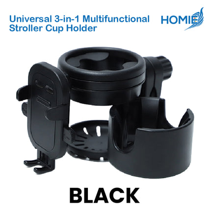 Universal 3-in-1 Multifunctional Stroller Cup Holders with Phone Holder/360° Rotate Adjustment