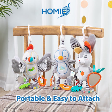 Hanging Rattle Toy for Car Seat, Crib,& Stroller–Baby Soothing Plush Mobile 0-12 Months