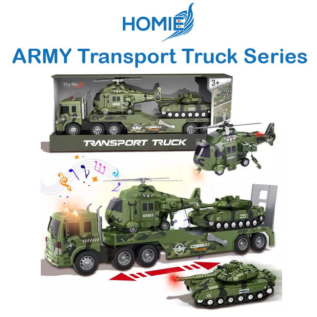 HOMIE ARMY Transport Trucks Series 1:16 Model Scale / 3in1 Truck & Rescue Helicopter & Rotating Tank