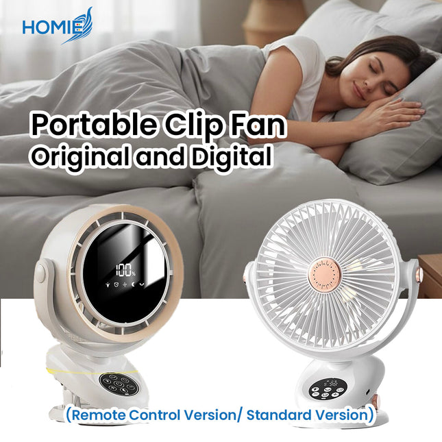 HOMIE DIGITAL DISPLAY RECHARGEABLE FAN portable clip on wall mounted (Standard and SmartVersion)