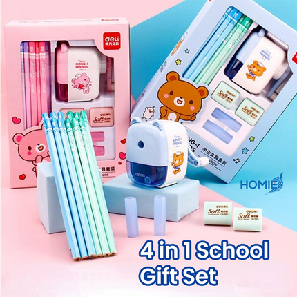 Stationery Kit with Pencil Sharpener Eraser Caps for Kids