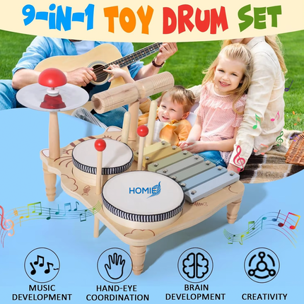 Wooden musical instrument toys including guitar and drum