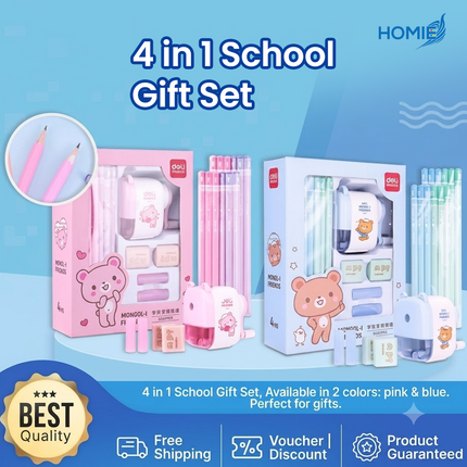 Stationery Kit with Pencil Sharpener Eraser Caps for Kids