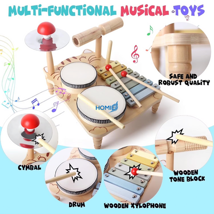 Wooden musical instrument toys including guitar and drum