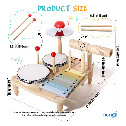Wooden musical instrument toys including guitar and drum