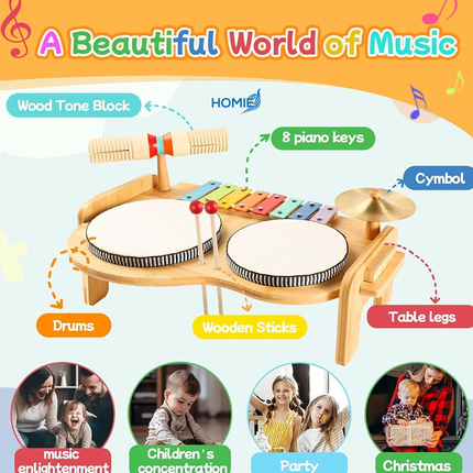 Wooden musical instrument toys including guitar and drum