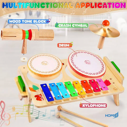 Wooden musical instrument toys including guitar and drum