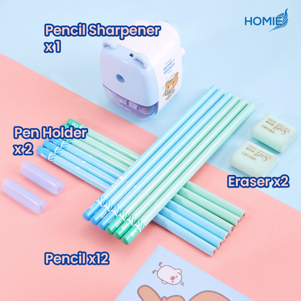 Stationery Kit with Pencil Sharpener Eraser Caps for Kids
