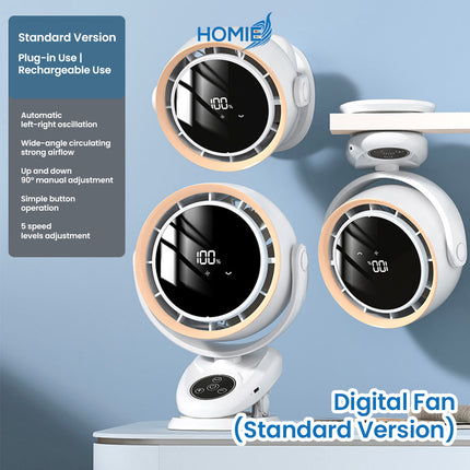 HOMIE DIGITAL DISPLAY RECHARGEABLE FAN portable clip on wall mounted (Standard and SmartVersion)