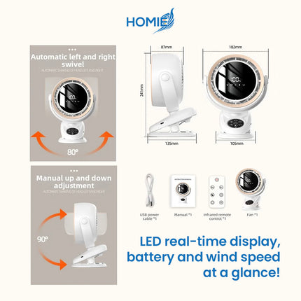 HOMIE DIGITAL DISPLAY RECHARGEABLE FAN portable clip on wall mounted (Standard and SmartVersion)