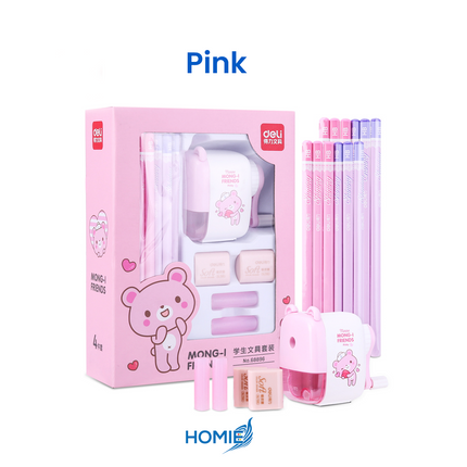 Stationery Kit with Pencil Sharpener Eraser Caps for Kids