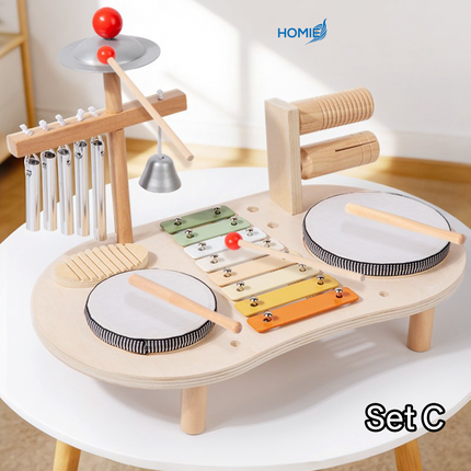 Wooden musical instrument toys including guitar and drum