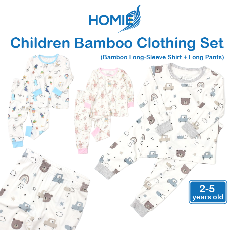 HOMIE Children Bamboo Clothing Set/Kids Long-Sleeve Shirt & Long Pant/ Ultra Soft & Comfortable Wear (2 to 5 years old)