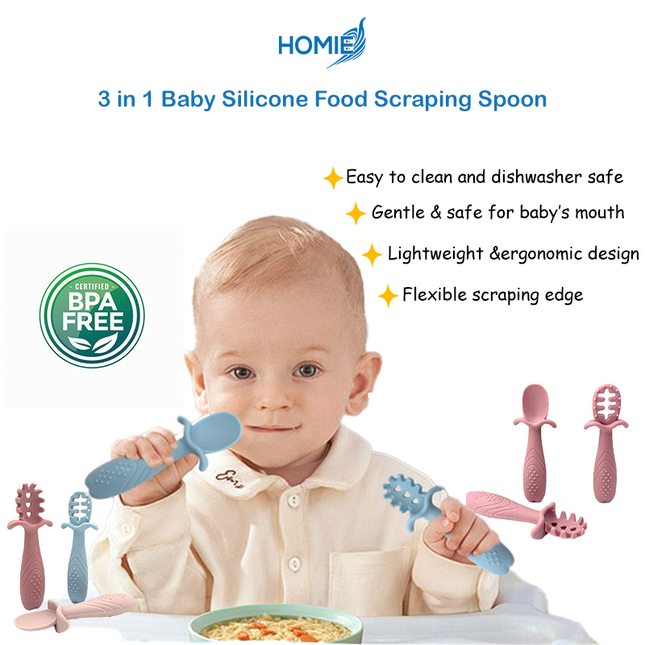 3 in 1 Baby Silicone Food Scraping Spoon – Ideal for Fruit Purée & Baby Meals
