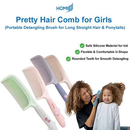 HOMIE Pretty Hair Comb for Girls (Portable Detangling Brush for Long Straight Hair & Ponytails)