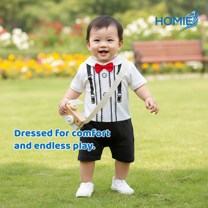 BABY GENTLEMAN SHORT SLEEVE BUTTON ROMPER suit vest suspender bowtie outfit (Infant Formal Wear)