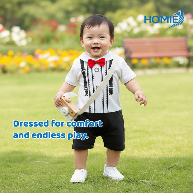 BABY GENTLEMAN SHORT SLEEVE BUTTON ROMPER suit vest suspender bowtie outfit (Infant Formal Wear)