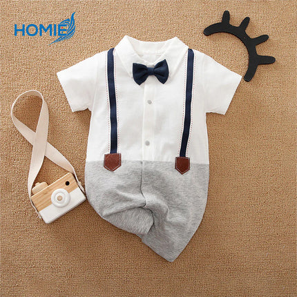 BABY GENTLEMAN SHORT SLEEVE BUTTON ROMPER suit vest suspender bowtie outfit (Infant Formal Wear)