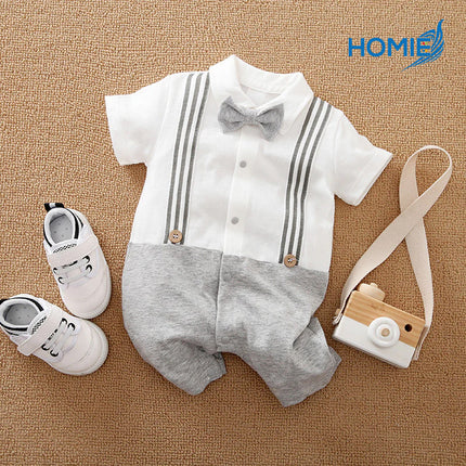 BABY GENTLEMAN SHORT SLEEVE BUTTON ROMPER suit vest suspender bowtie outfit (Infant Formal Wear)