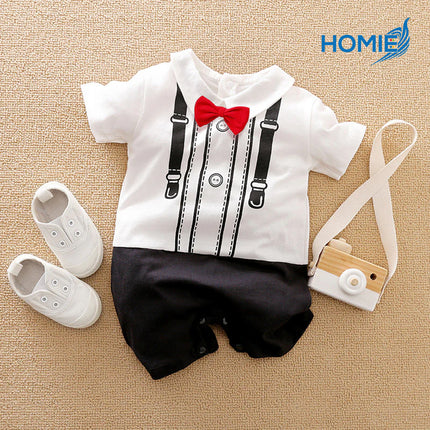 BABY GENTLEMAN SHORT SLEEVE BUTTON ROMPER suit vest suspender bowtie outfit (Infant Formal Wear)