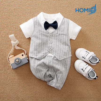 BABY GENTLEMAN SHORT SLEEVE BUTTON ROMPER suit vest suspender bowtie outfit (Infant Formal Wear)