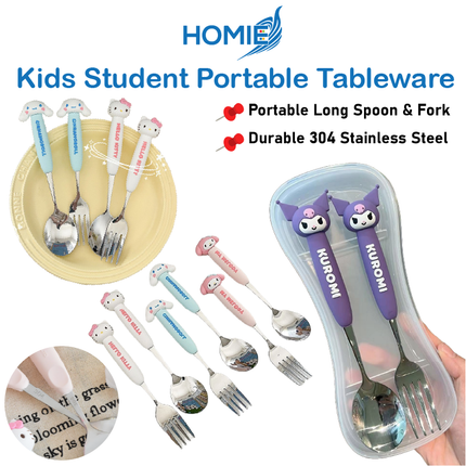 Kids Student Portable Tableware (Long Spoon & Fork) – Durable 304 Stainless Steel