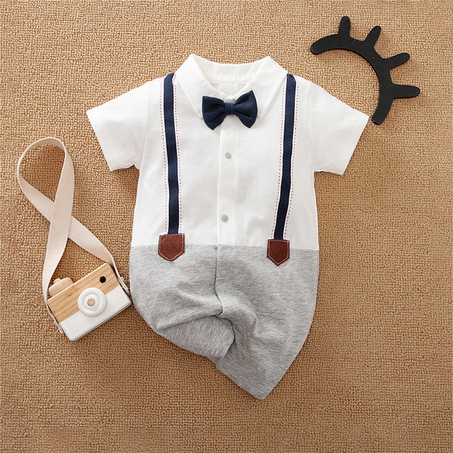 Baby Gentleman Short Sleeve Button Romper – Suit Vest, Suspender & Bowtie Design