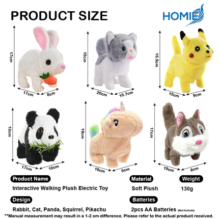 HOMIE Interactive Soft Plush Electric Animal Toy/ Walking,Talking, Auto-Moving Electronic Bunny/Rabbit/Cat/Unicorn/Squirrel Doll