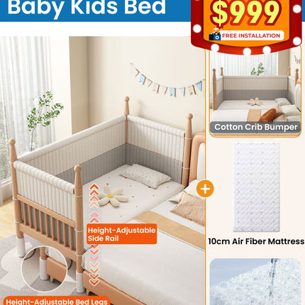 Solid Beech Wood Adjustable Baby Kids Bed