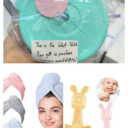 Free Gift with $15 Spend on TikTok Live – Teether, Hair Drying Cap Towel, or Training Cup