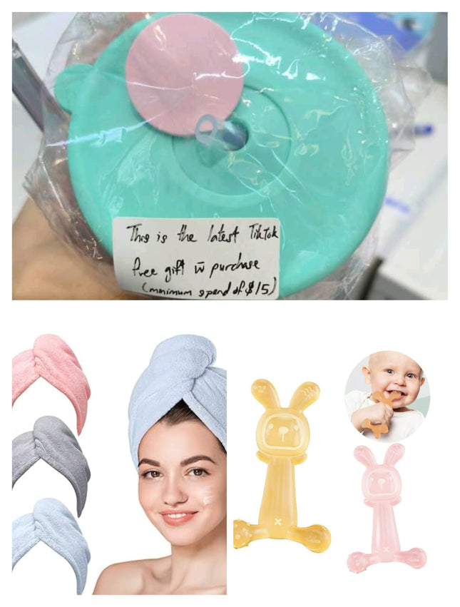 Free Gift with $15 Spend on TikTok Live – Teether, Hair Drying Cap Towel, or Training Cup