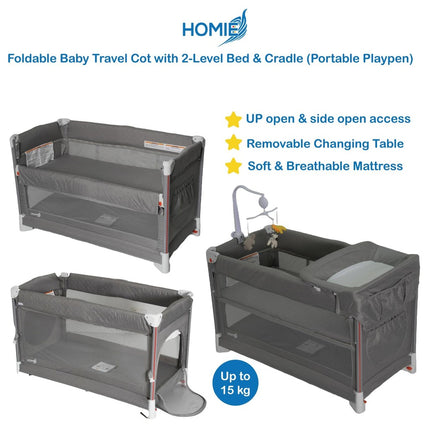 HOMIE Foldable Baby Travel Cot with 2-Level Bed & Cradle – Multifunctional Portable Playpen Sleeper