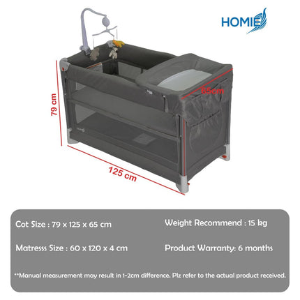 HOMIE Foldable Baby Travel Cot with 2-Level Bed & Cradle – Multifunctional Portable Playpen Sleeper