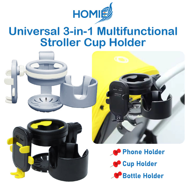 Universal 3-in-1 Multifunctional Stroller Cup Holders with Phone Holder/360° Rotate Adjustment