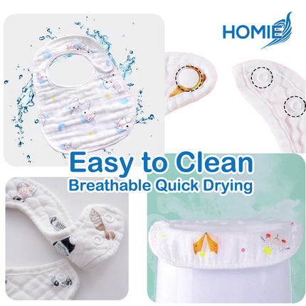 HOMIE 8 Layer Soft Gauze Baby Bib/Super Absorbent Breathable Quick Drying Snap Button Cotton Gauzes