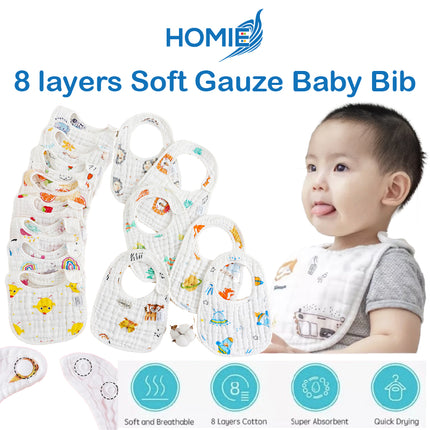 HOMIE 8 Layer Soft Gauze Baby Bib/Super Absorbent Breathable Quick Drying Snap Button Cotton Gauzes
