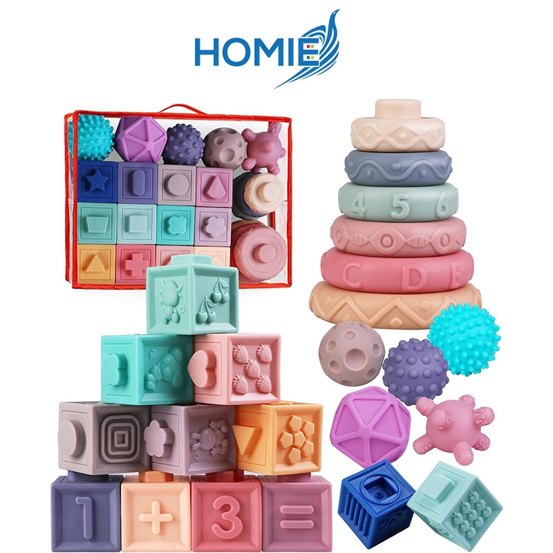 HOMIE 3 in 1 Montessori Toys for Babies 0+ Months /Soft Baby Teething Toys - Stacking Building Blocks for Infants