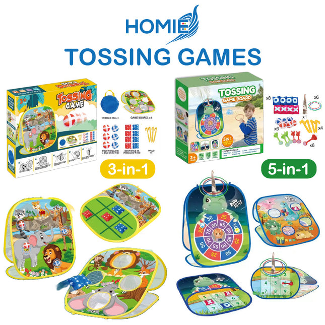 HOMIE Tossing Games 3in1 or 5in1 Outdoor Indoor Play/Sticky Ball/Bean Bag,Ring Toss/Dart/Tic Tac Toe