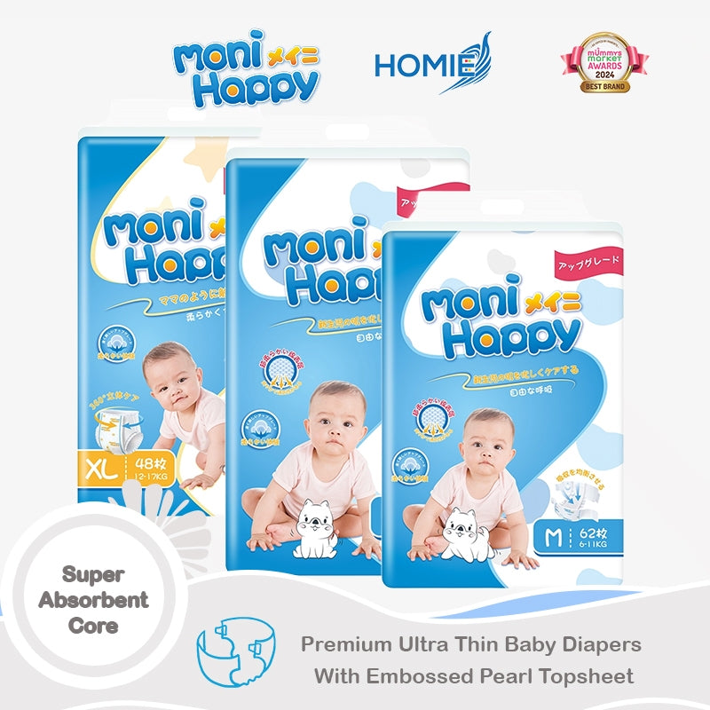 【HOMIE MONI Happy Diaper】  Premium Ultra Thin Baby Diapers With Embossed Pearl Topsheet-Tape & Pants High Absorbency