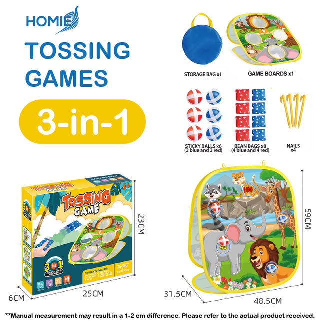 HOMIE Tossing Games 3in1 or 5in1 Outdoor Indoor Play/Sticky Ball/Bean Bag,Ring Toss/Dart/Tic Tac Toe