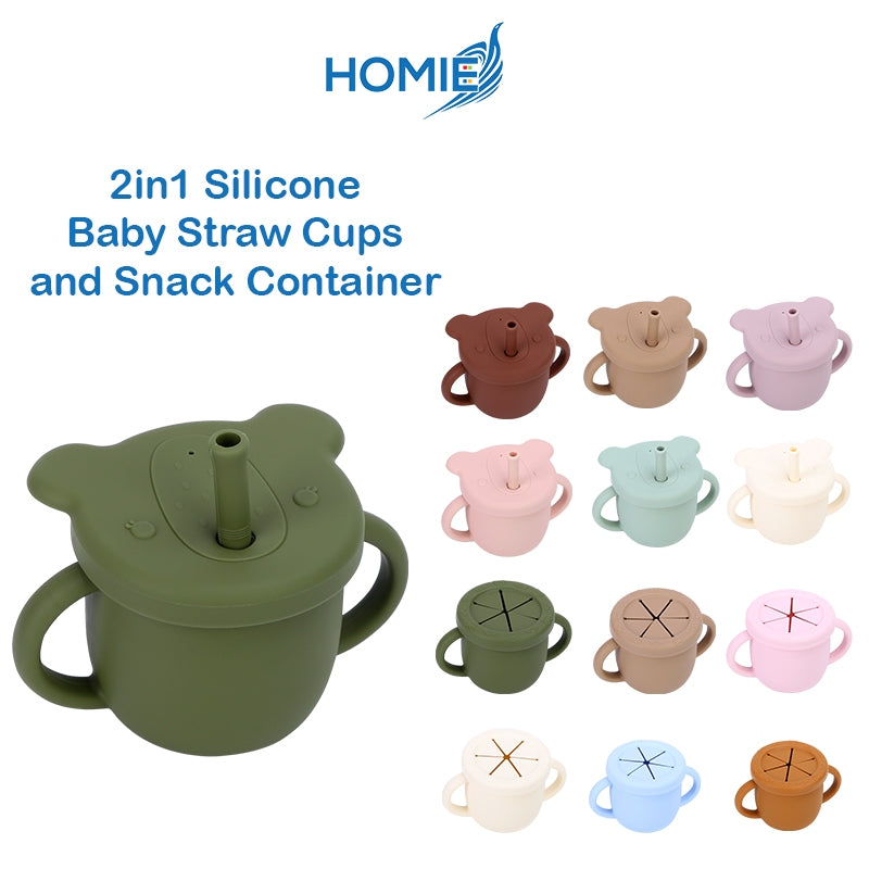 HOMIE 100% Silicone Baby Training Cup/2-in-1 Toddler Sippy Cup with Straw & Snack Cup Lid