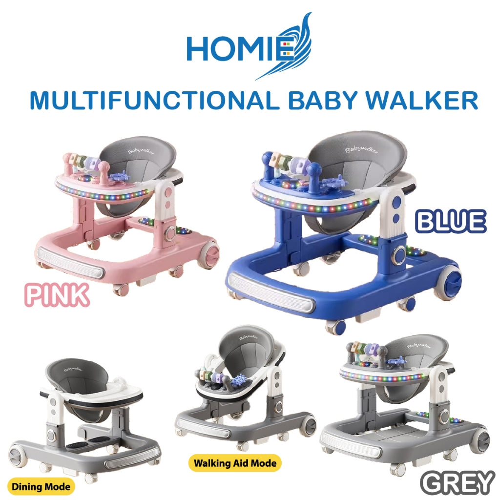 HOMIE Multifunctional Baby Walker Anti O Leg Foldable Adjustable Height /Musical Light/Toy Tray