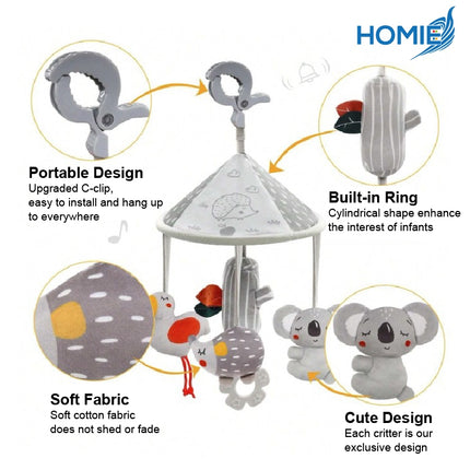 HOMIE Soft Plush Animal Rotating Crib & Stroller Rattle Toy/Hanger Clip Rattle Teether Ring Bell Toy