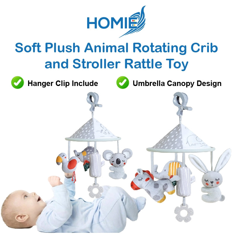 HOMIE Soft Plush Animal Rotating Crib & Stroller Rattle Toy/Hanger Clip Rattle Teether Ring Bell Toy