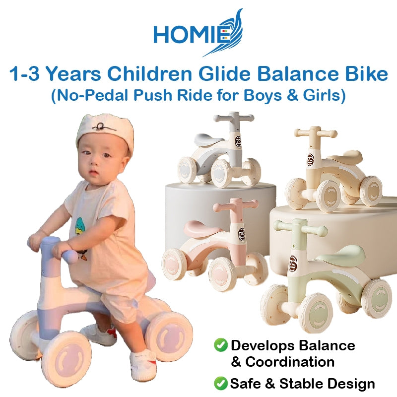 HOMIE 1-3 years Children Glide Balance Bike/Pedless Scooter/Four Wheel Slide Walker/In-Outdoor Play