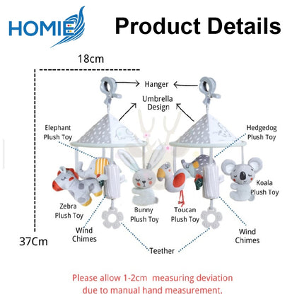 HOMIE Soft Plush Animal Rotating Crib & Stroller Rattle Toy/Hanger Clip Rattle Teether Ring Bell Toy