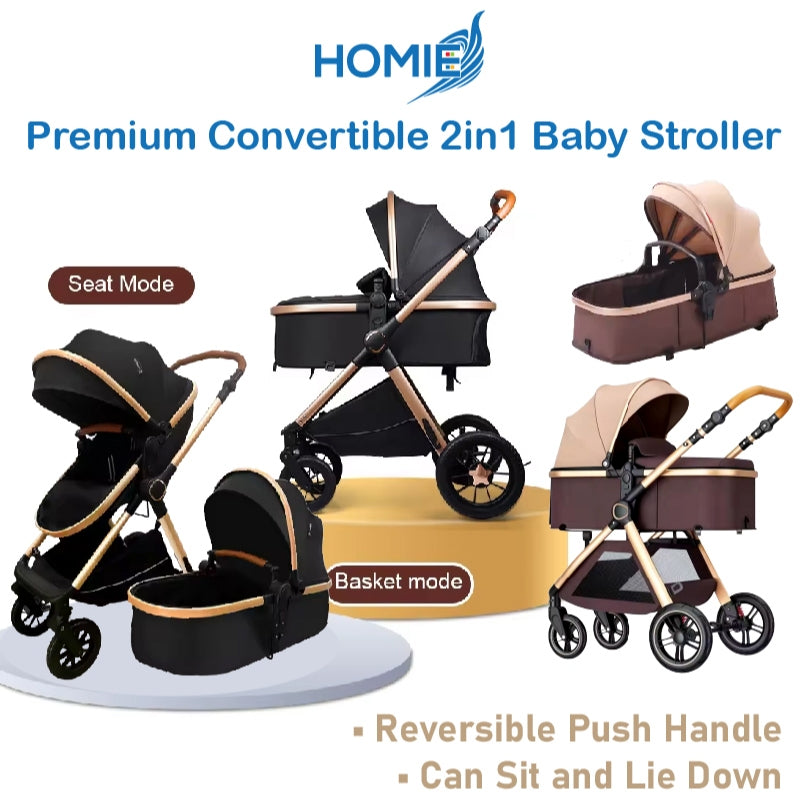 HOMIE Premium Convertible 2in1 Baby Stroller/Basket & Seat Mode/Reversible Push Handle/Sit/Lie Down